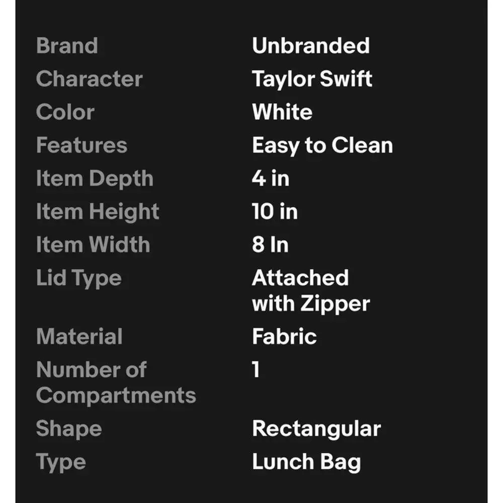 Taylor Swift Lunch Box Bag White Graphic Words Cartoon Insulated NWOT Zipper